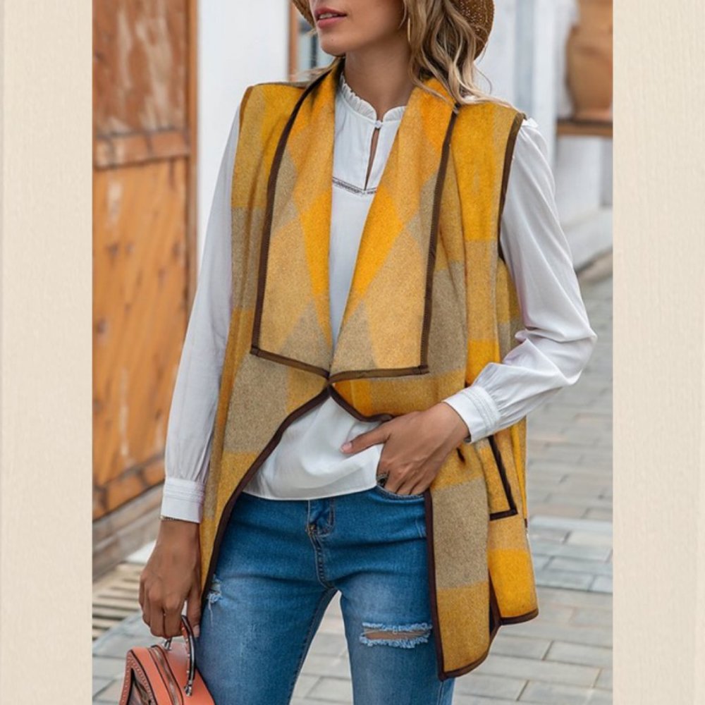 Yellow & Gray Plaid Pocket Vest